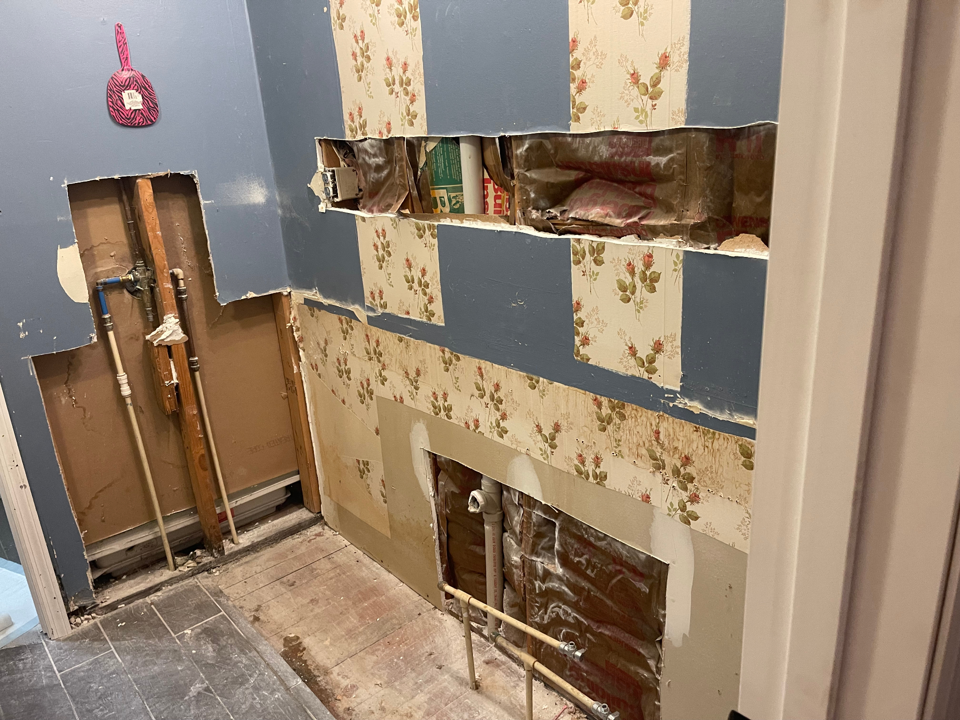 Demo - wall opened up, plumbing and insulation visible - Cleveland, TN