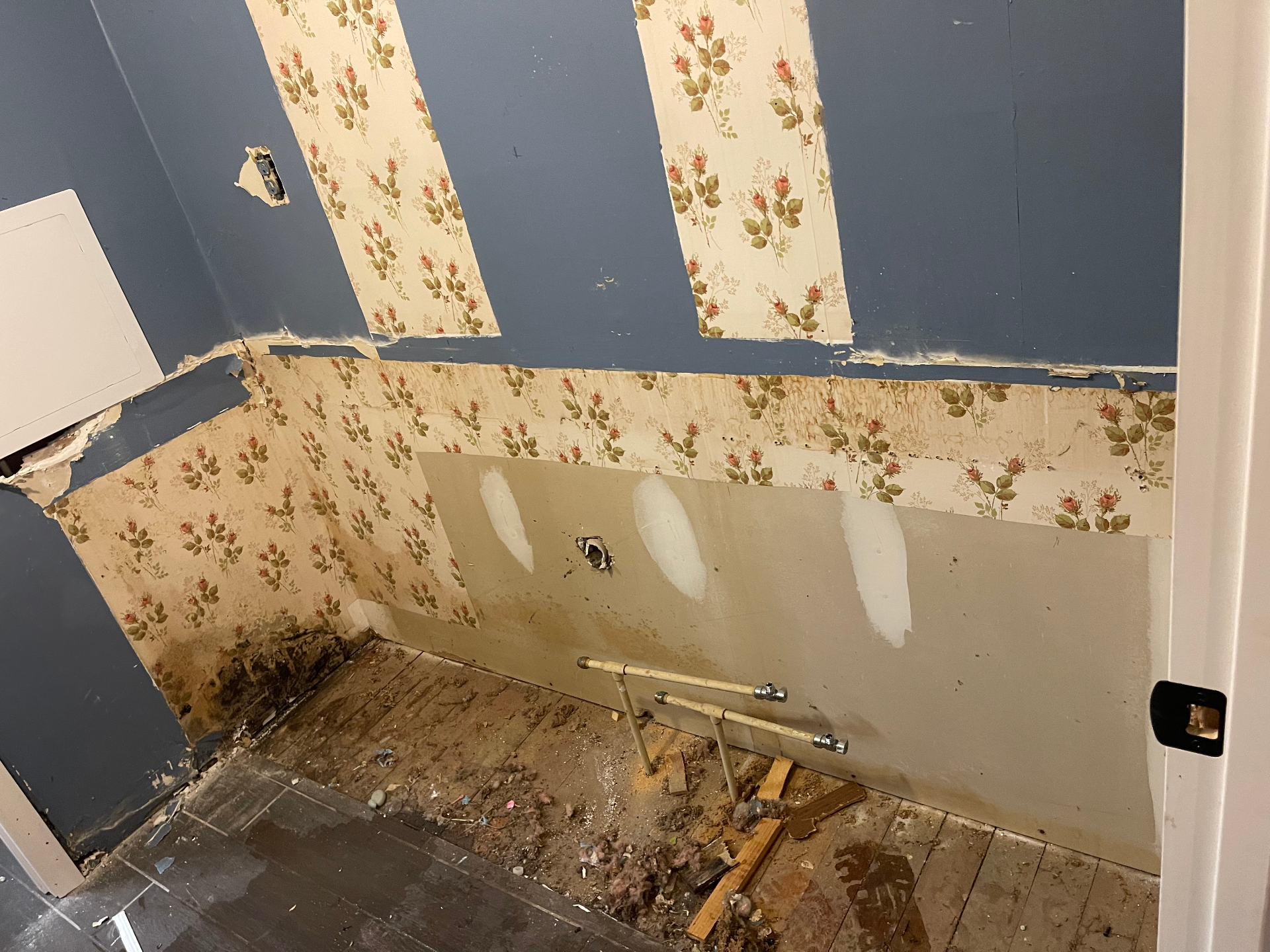 Demo - wallpaper stripped, plumbing lines exposed - Cleveland, TN