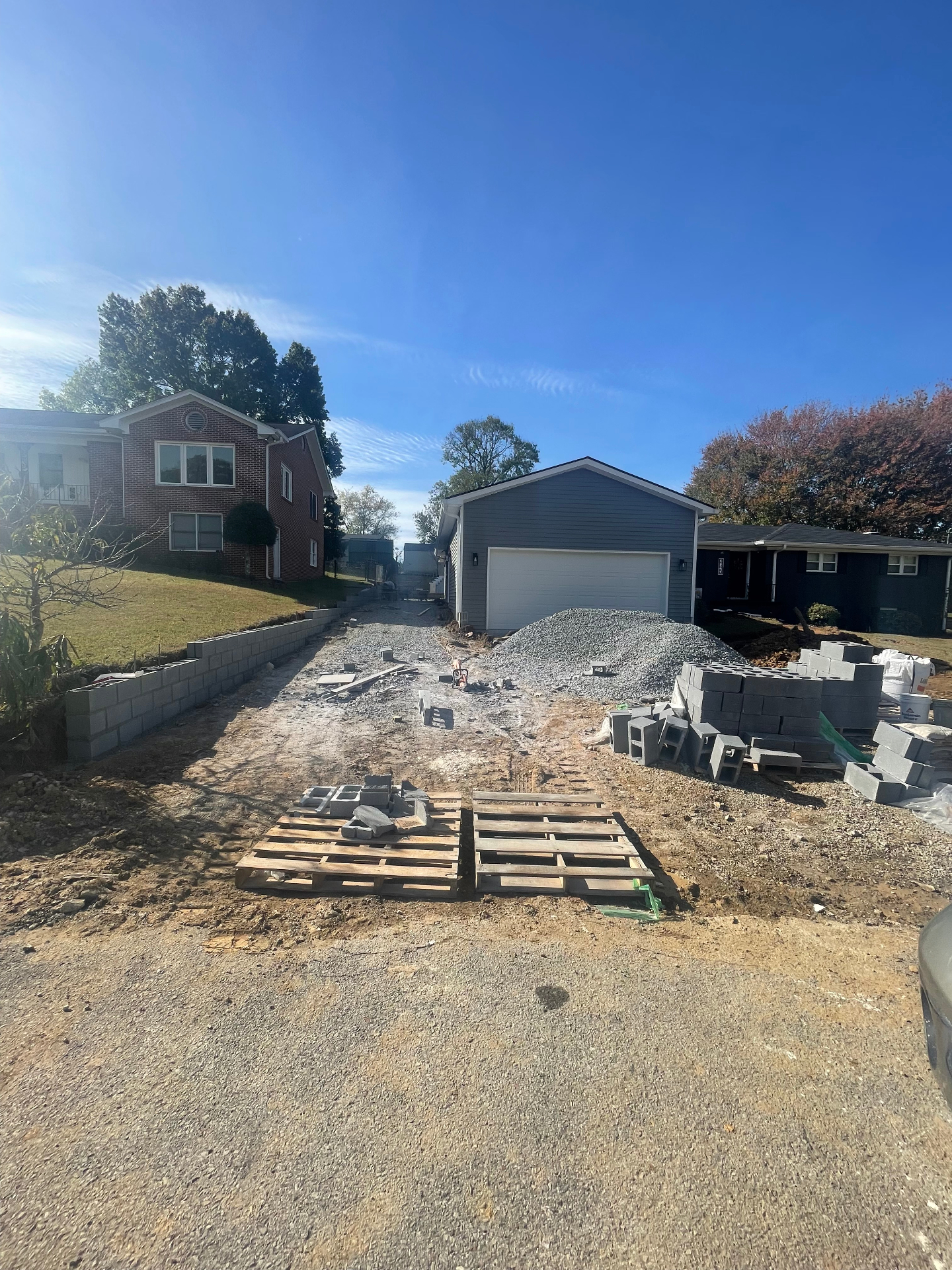 Driveway area prepped — wide view with materials - Cleveland, TN