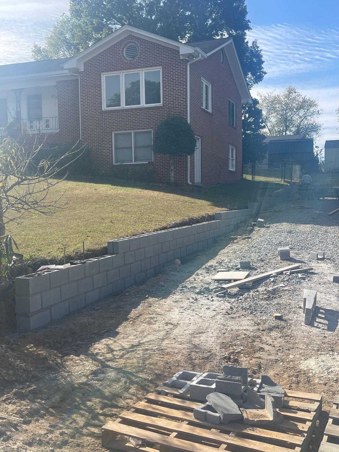 CMU retaining wall — block laying in progress - Cleveland, TN