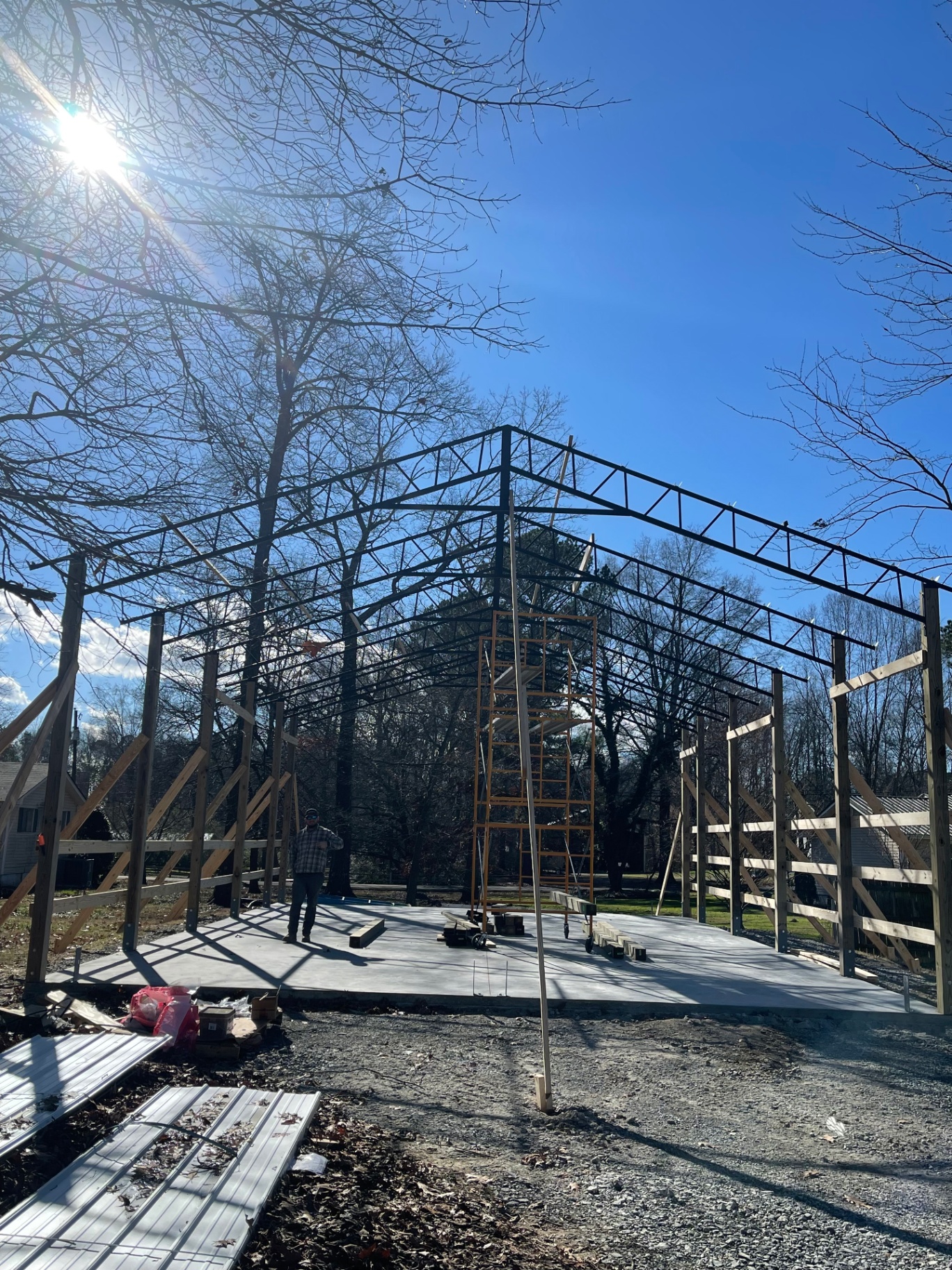 Steel trusses with wood post framing - angle view - Cleveland, TN
