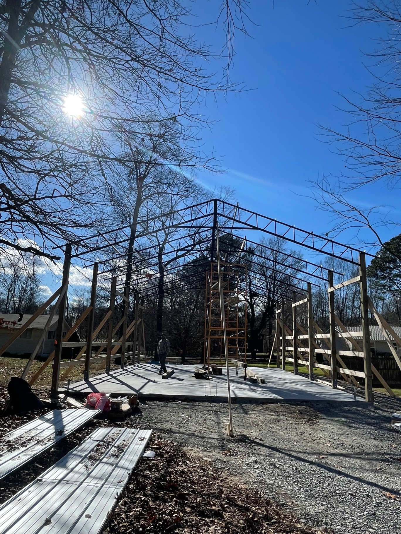 Steel frame and post framing on concrete slab - front view - Cleveland, TN