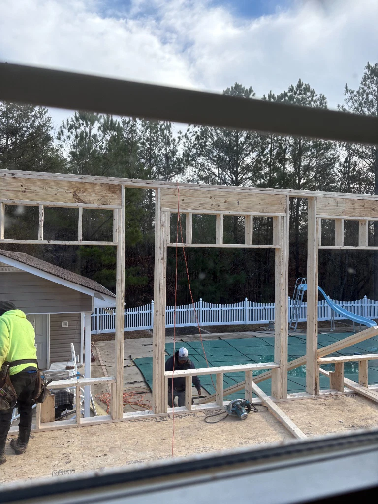 Wall framing with crew - poolside view - Cleveland, TN